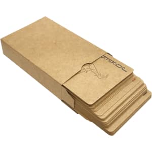A set of eco-friendly recycled playing cards in a kraft paper box, featuring a simple design and a logo.