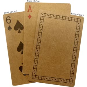 Three eco-friendly playing cards in brown, featuring a six of spades, an ace of diamonds, and a blank back design.