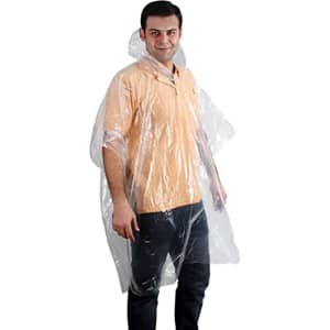 A clear plastic poncho worn by a person over an orange shirt, featuring a hood and loose-fitting design.