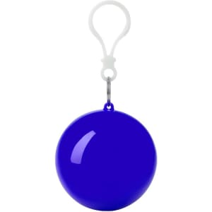 A blue round wind poncho with a clip for easy attachment. It has a glossy finish and includes a logo.