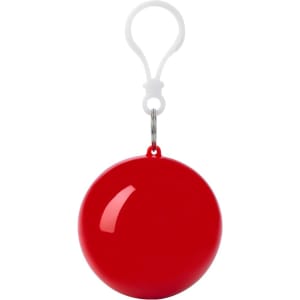 A red spherical product with a keychain attachment. It has a glossy finish and a smooth surface.