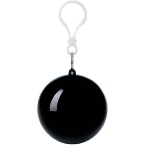 A black wind poncho with a clip attachment, designed for convenient storage and portability.