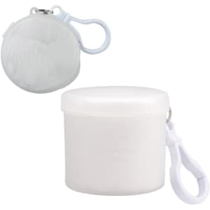 A white Cloud Poncho packaged in a round container, featuring a clip for easy attachment.