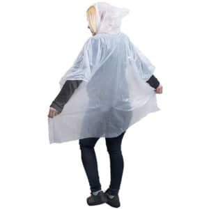 A person wearing a clear plastic wind poncho with a hood, showcasing its lightweight design.
