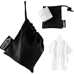 A black pouch containing a folded clear poncho and a small matching bag with a drawstring.