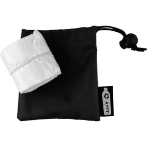 A black carry pouch with a rolled-up white shower poncho inside. The pouch has a drawstring closure and a branding tag.