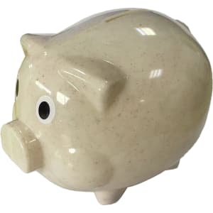 A beige piggy bank made from wheat straw, featuring large, googly eyes and a classic pig design.