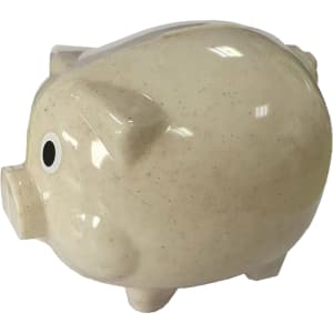A wheat straw piggy bank in a light beige colour with glossy finish and large eyes, featuring a branding logo.