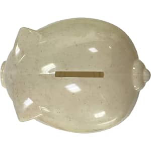 A light beige piggy bank with a slot on top and a rounded body, made from wheat straw material.
