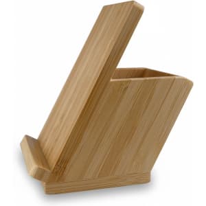 A bamboo mobile stand and pen holder with a slanted design, showcasing its natural wood finish.