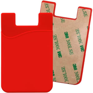 A red mobile phone wallet with a smooth surface and adhesive backing for attachment.
