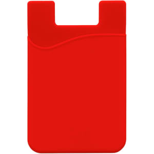 A red mobile phone wallet with a wavy design and a slot for cards, featuring a logo.
