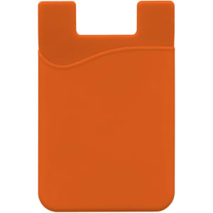 An orange mobile phone wallet with a smooth texture and a wave design along the edge. It has a placeholder for cards.