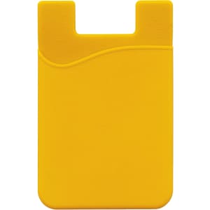 A yellow mobile phone wallet featuring a curved design and a slot for holding cards.