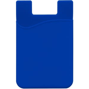 A blue mobile phone wallet with a curved design and a slot for cards. It has a logo on the front.