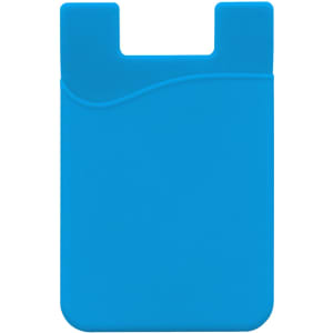 A blue mobile phone wallet with a smooth surface and a wavy design at the top. It has a slot for cards.