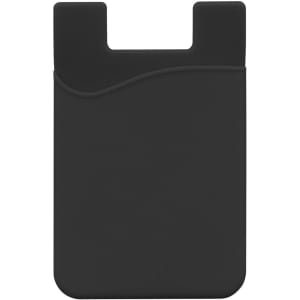 A black mobile phone wallet with a curved design and a slot for cards. It features a minimalist style and has a logo.