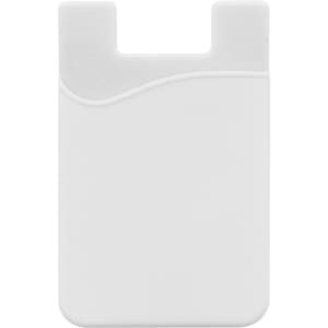 A white mobile phone wallet with a curved design and a slot for cards. It has a minimalistic look and a simple logo.