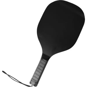 A black pickleball paddle with a textured handle and wrist strap. Suitable for leisure and outdoor sports.