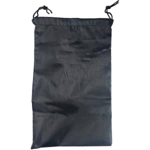 A black drawstring bag with a smooth surface and a cinched opening at the top.
