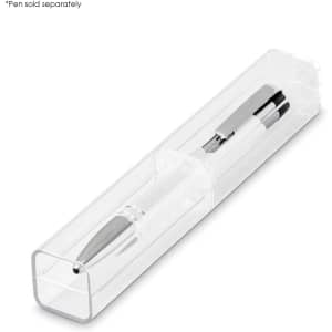 A clear rectangular pen packaging with a silver and black pen inside. The package features a logo on the side.