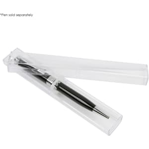 A clear plastic case containing a sleek black pen with silver accents, showcasing a modern design.