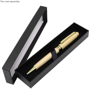 A wooden pen with a gold clip nestled in a sleek black box, featuring an inner elastic strap.