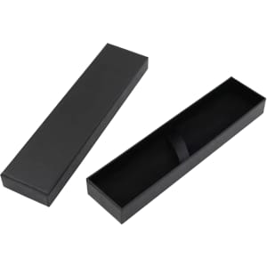 A black pen packaging box with a lid, featuring an interior ribbon for securing the contents.