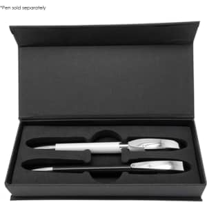A sleek black packaging featuring two writing instruments in silver and chrome finishes. Includes a logo.