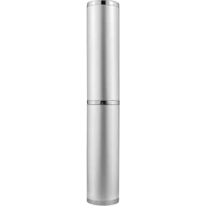 A sleek, silver cylindrical pen packaging with a shiny silver band. The design is minimalist and modern.