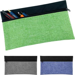 A pencil case in green fabric with a black zipper, filled with pens and markers. Includes grey and blue versions below.