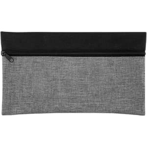 A pencil case featuring a textured grey body and a black zip closure, with a discreet logo.