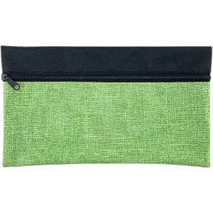 A green and black pencil case with a zip closure, featuring a textured design. It has a logo on the front.