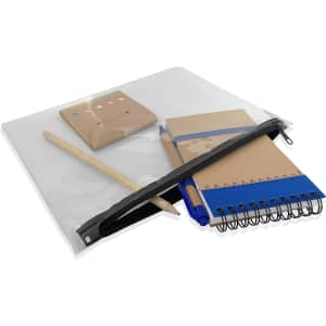 A transparent pencil case containing a notebook, sticky notes, a pen, and a pencil in various colours.