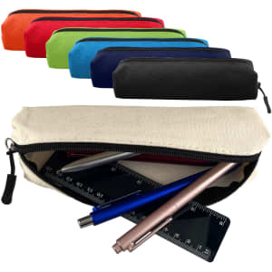 A variety of canvas tube pencil cases in red, orange, green, blue, black, and cream, with pens and a ruler inside.