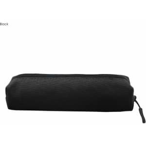 A black canvas pencil case with a zip closure, featuring a sleek rectangular shape and a small zipper pull.