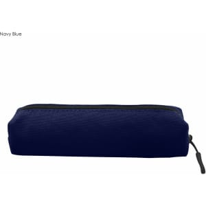 A navy blue canvas tube pencil case with a zipper, featuring a branding logo.