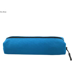A sky blue canvas tube pencil case with a black zipper and a small decorative tag.