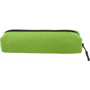 A green canvas tube pencil case with a black zip closure and a small zipper pull.