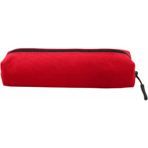A red canvas tube pencil case with a zip closure and top handle, featuring a logo.