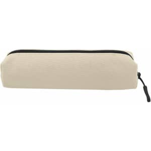 A beige canvas tube pencil case with a black zipper, featuring a logo on one side.
