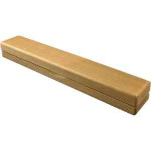 A wooden pencil case in a light natural finish, featuring a sleek, rectangular design and a simple logo.