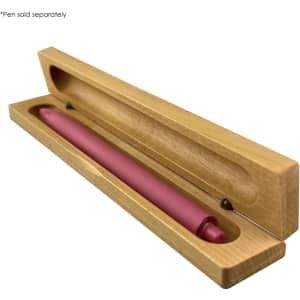 A wooden presenter box in light timber colour with a pink pen inside, featuring a logo on the box.