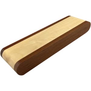 A wooden pen presenter featuring a smooth two-tone design in light and dark timber finishes. It includes a branding area.