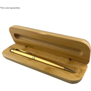 A bamboo presentation case with a smooth finish, featuring a gold-coloured pen holder. Pen sold separately.