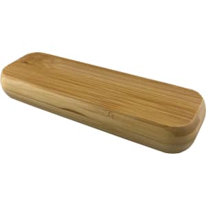 A bamboo pen case with a smooth finish, featuring a rounded design and a natural wood colour.