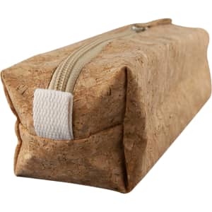 A cork pencil case with a cream zipper, featuring a textured natural cork exterior.