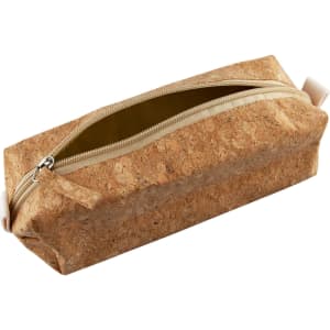 A cork pencil case with a tan exterior and a zip closure, featuring a light-coloured interior.