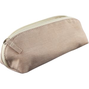 A neutral beige pencil case with a zip closure, featuring a simple design and a subtle texture.