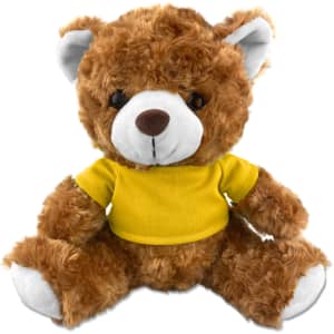A plush teddy bear in brown fur, wearing a yellow shirt, sitting with its arms and legs outstretched.